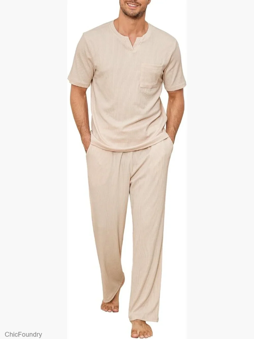 Matching Pajama Set Soft Short Sleeve Top and Pant Lounge Pjs Pockets